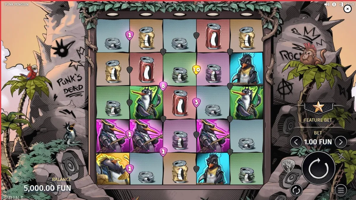 Punk Penguin slot machine gameplay screen na may mga rebeldeng penguin at graffiti background