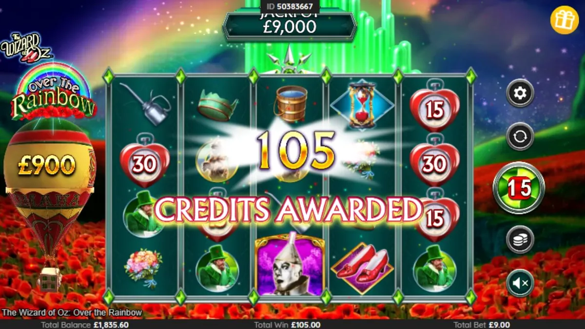 The Wizard of Oz: Over the Rainbow slot interface