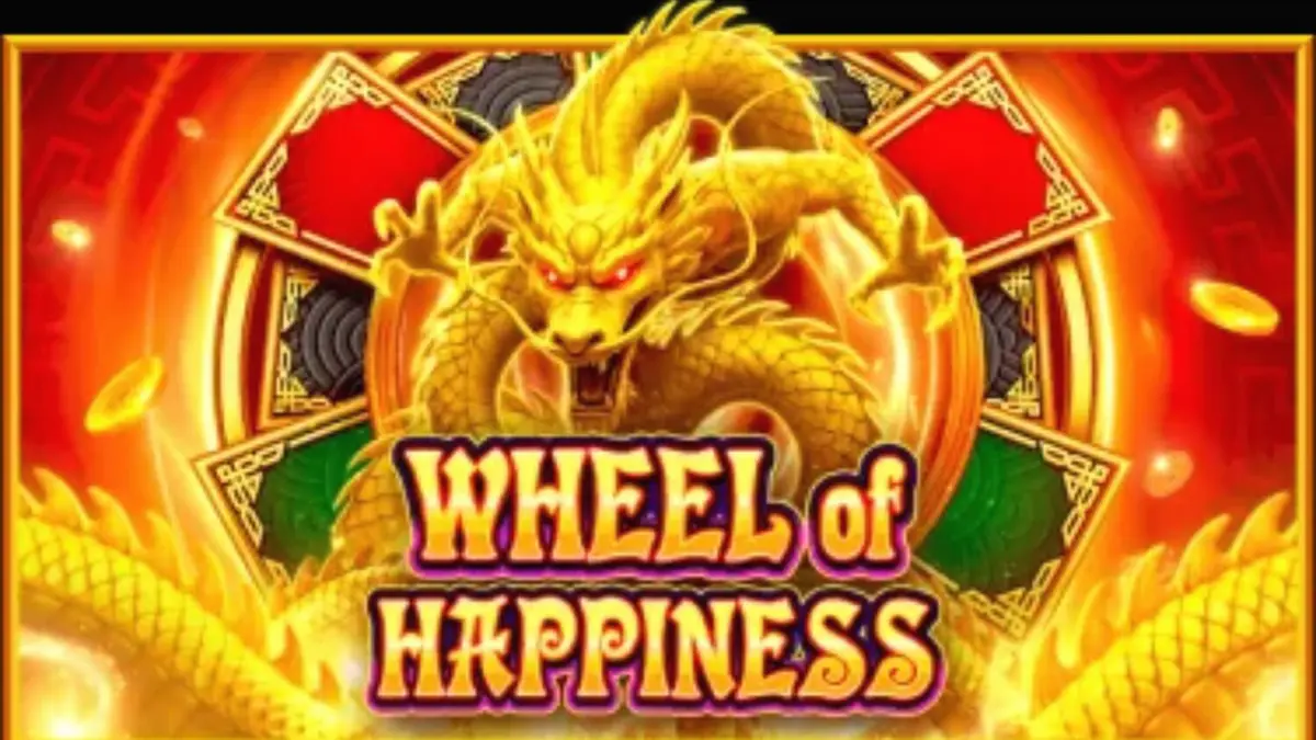 Wheel of Happiness slot machine interface na may temang gintong dragon at oriental motifs