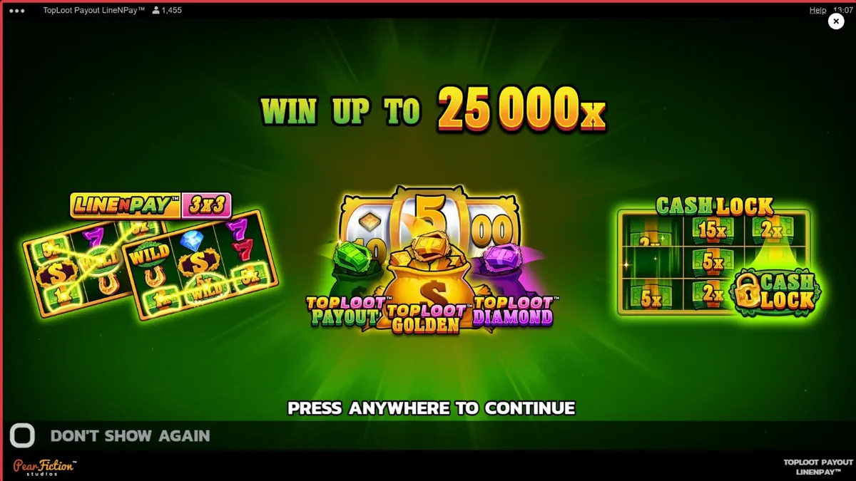 Mobile screen showing the TopLoot Payout LineNPay slot interface with golden treasure symbols.